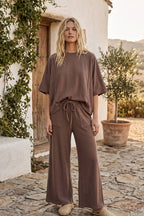 Brushed Stretch Boxy Top & Wide Leg Pant Set: BURGUNDY