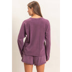 Mineral Wash Long Sleeve Raw Edge Top & Shorts Set: DARK CHERRY