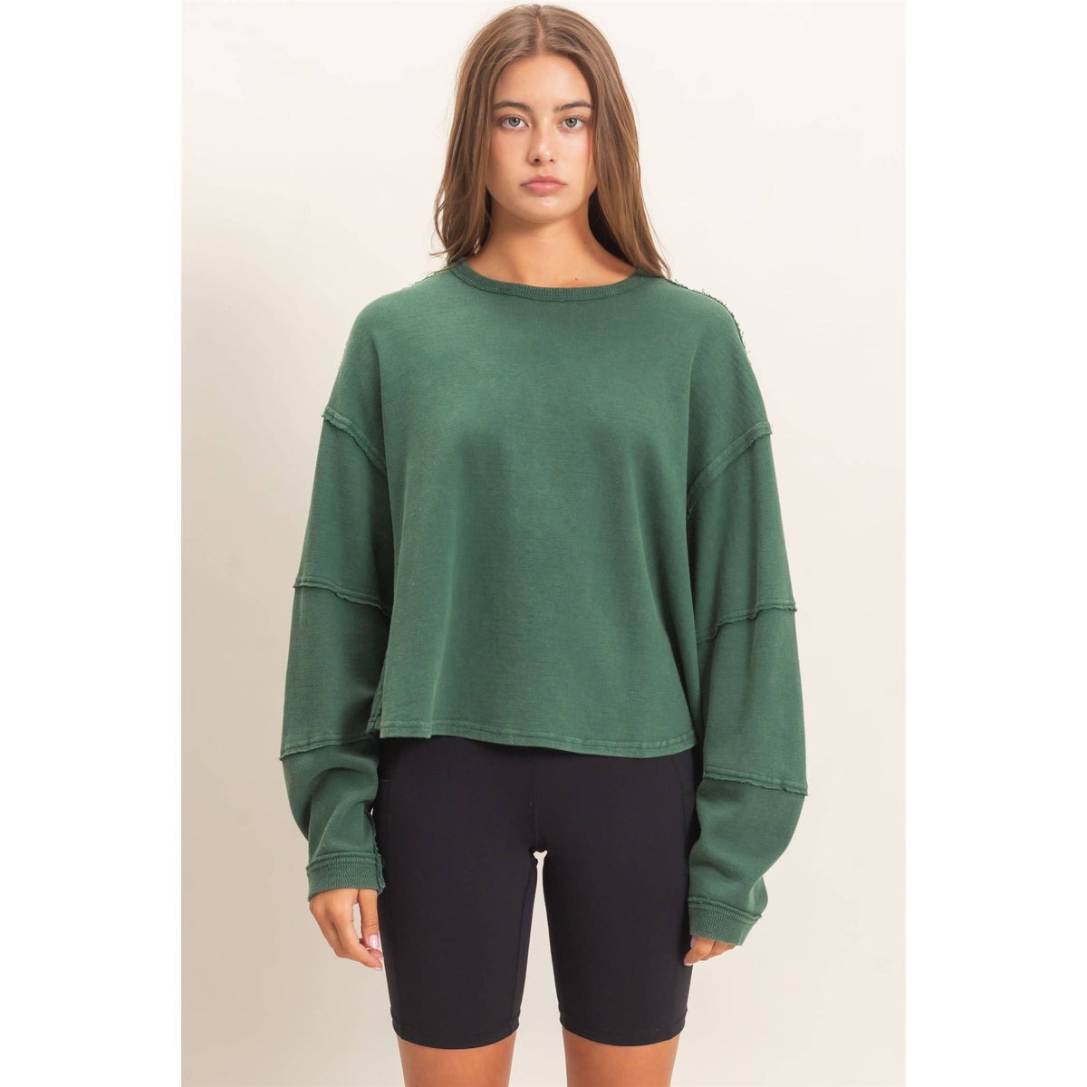 Mineral Wash Oversised Raw Edge Crew Neck Top: BLACK