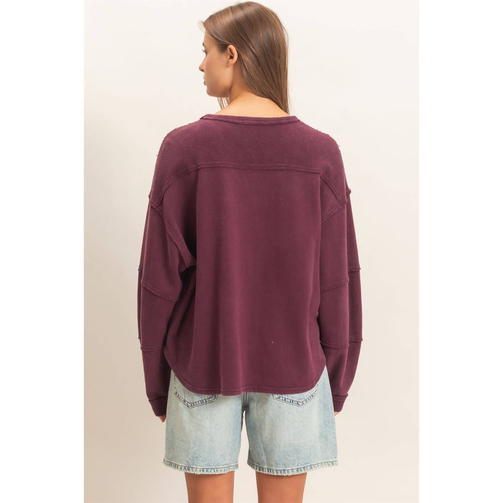 Mineral Wash Oversised Raw Edge Crew Neck Top: BLACK