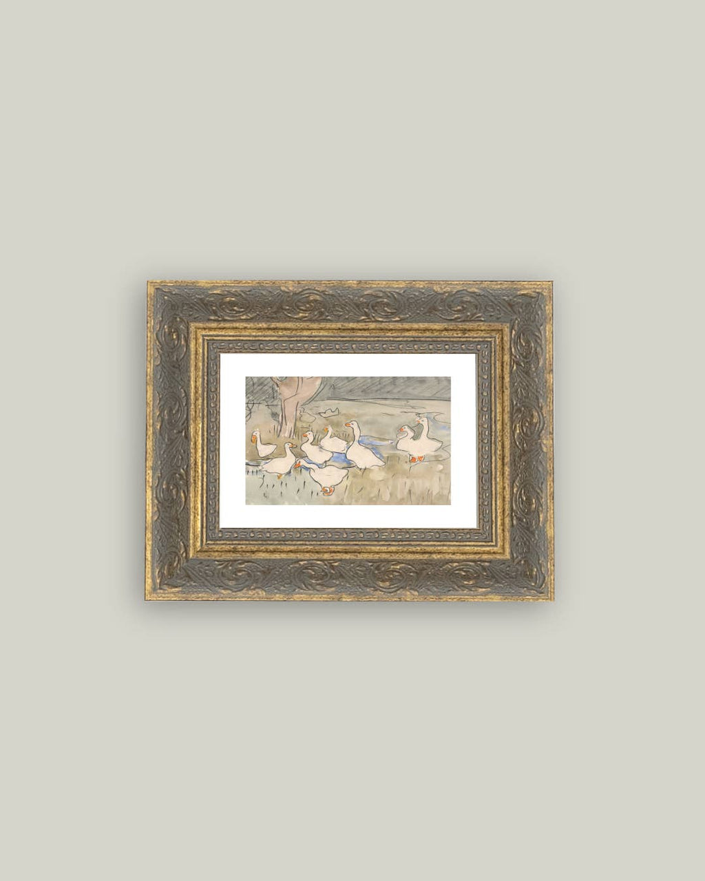 Geese Pond Framed Antique Art: 10x8
