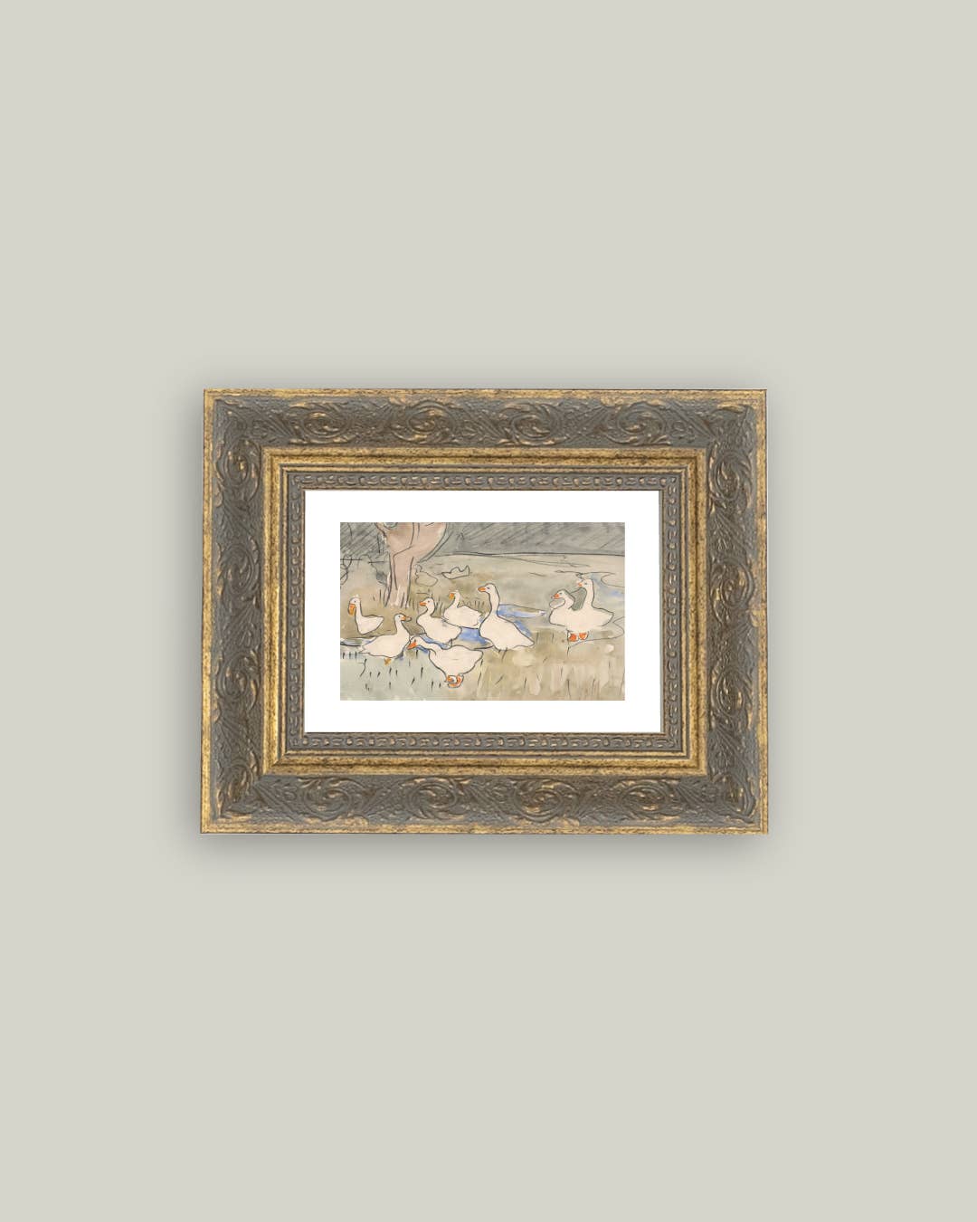 Geese Pond Framed Antique Art: 10x8