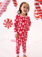 SoftSnooze™ Toddler Girls Bamboo Viscose Red Holly Christmas Ornament Bows Ruffle Long Sleeve Pajama Set with Signature Rear Ruffles: Red / 2T