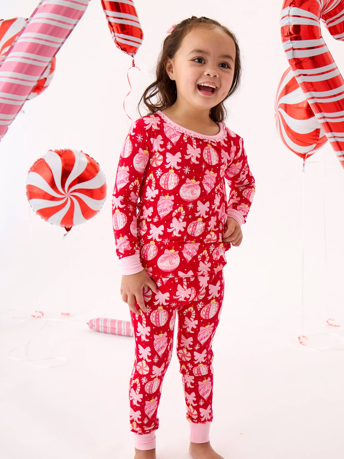 SoftSnooze™ Toddler Girls Bamboo Viscose Red Holly Christmas Ornament Bows Ruffle Long Sleeve Pajama Set with Signature Rear Ruffles: Red / 2T
