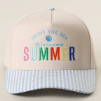Welcome SUMMER Embroidered Gingham Trucker Hat: SKY BLUE - H5