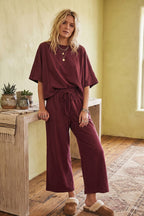Brushed Stretch Boxy Top & Wide Leg Pant Set: BURGUNDY