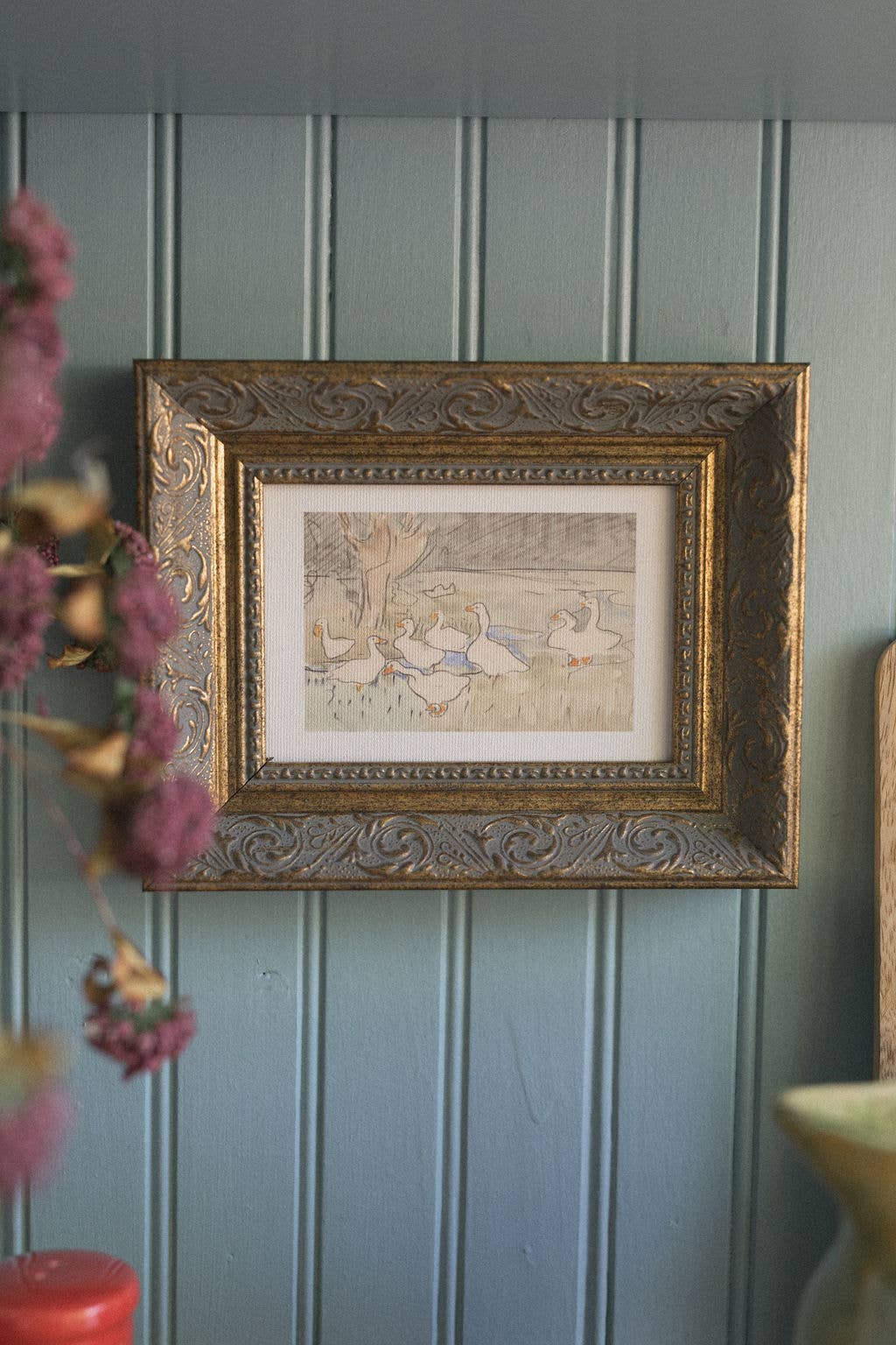 Geese Pond Framed Antique Art: 10x8