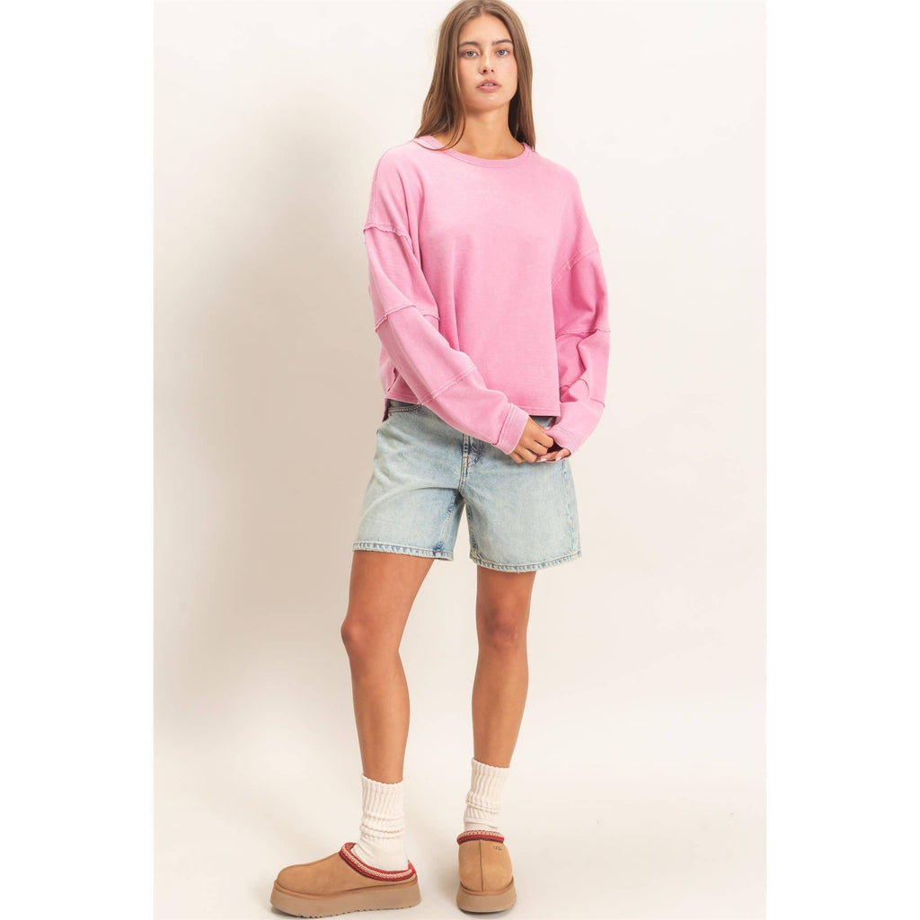 Mineral Wash Oversised Raw Edge Crew Neck Top: BLACK