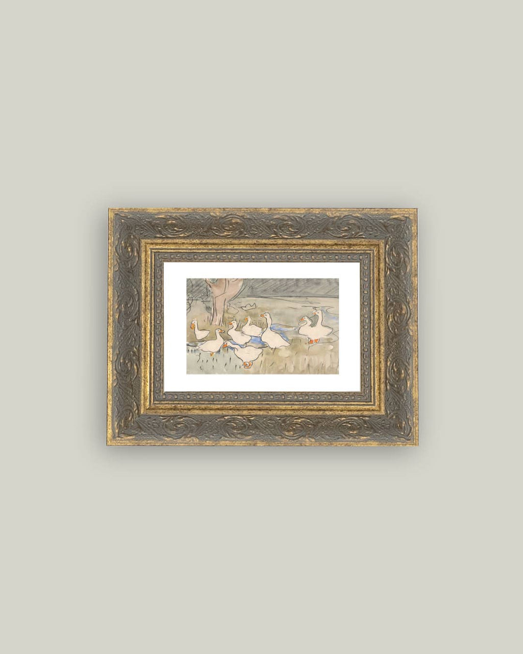 Geese Pond Framed Antique Art: 10x8