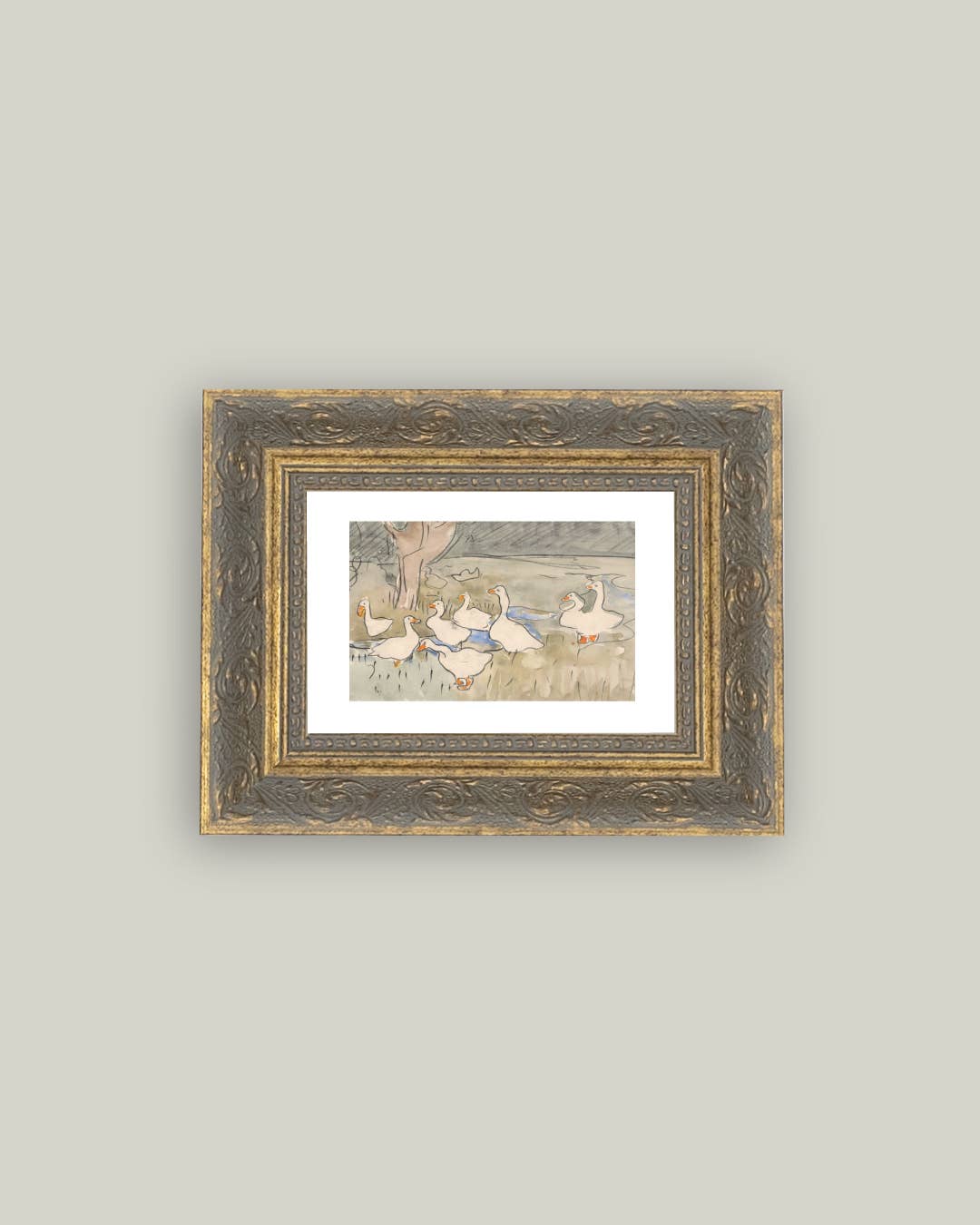 Geese Pond Framed Antique Art: 10x8