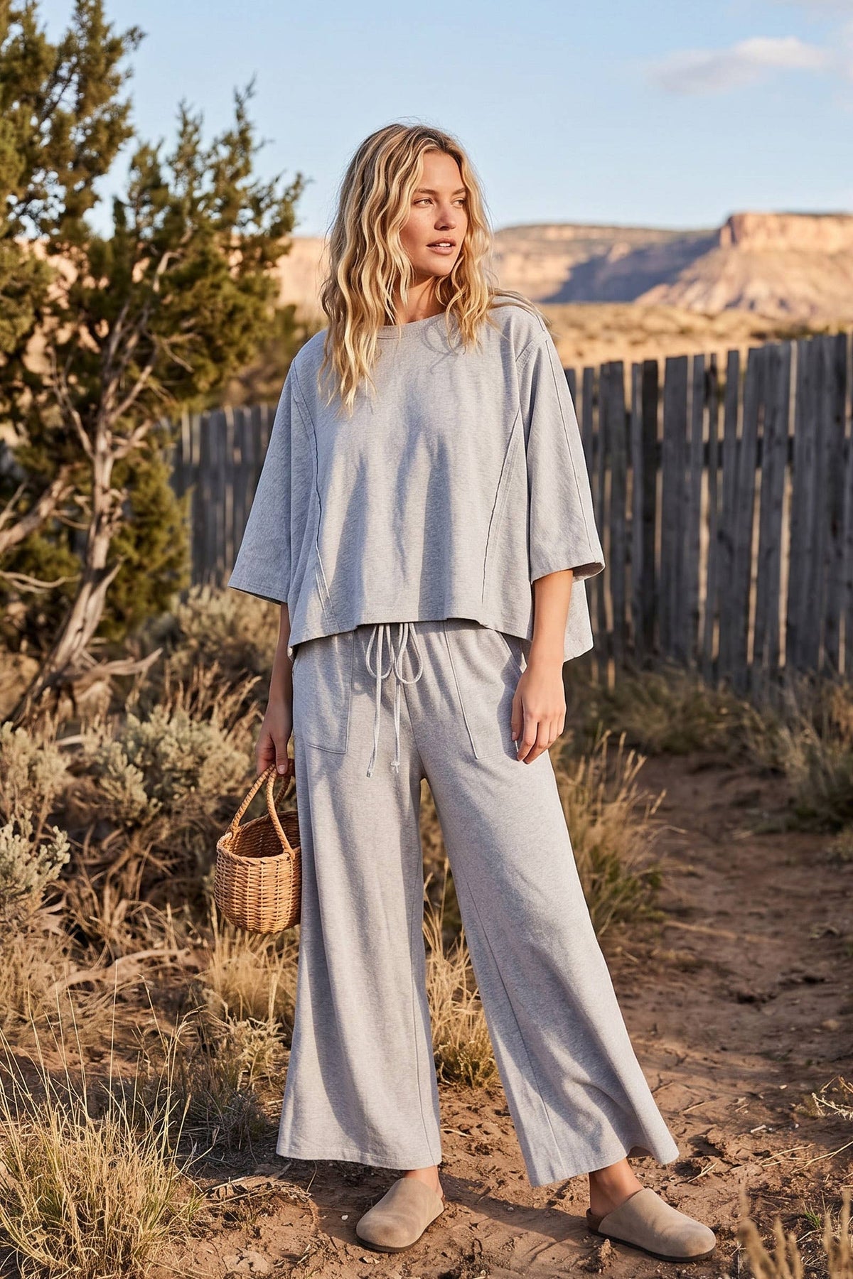 Brushed Stretch Boxy Top & Wide Leg Pant Set: BURGUNDY