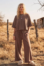 Brushed Stretch Boxy Top & Wide Leg Pant Set: BURGUNDY