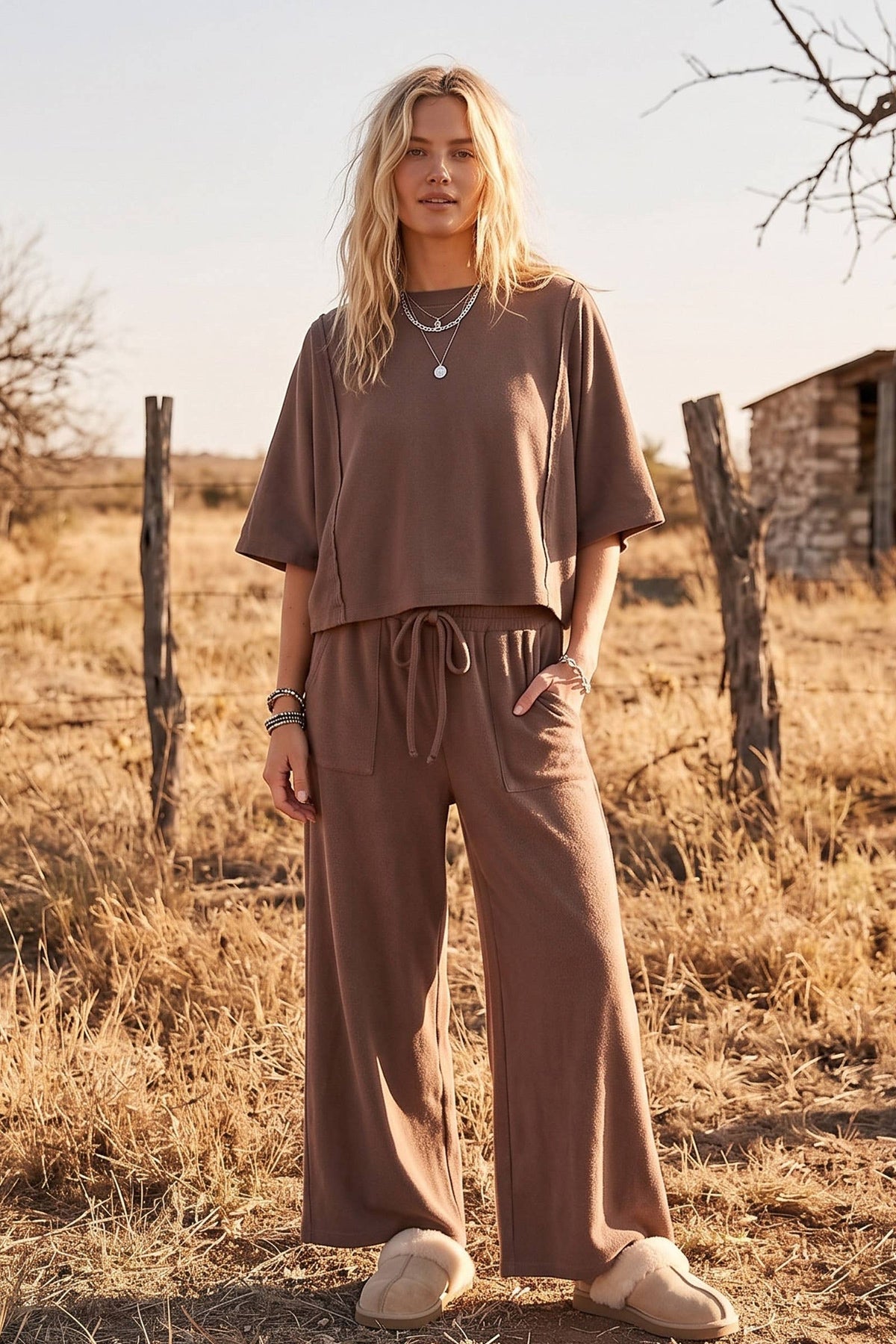 Brushed Stretch Boxy Top & Wide Leg Pant Set: BURGUNDY