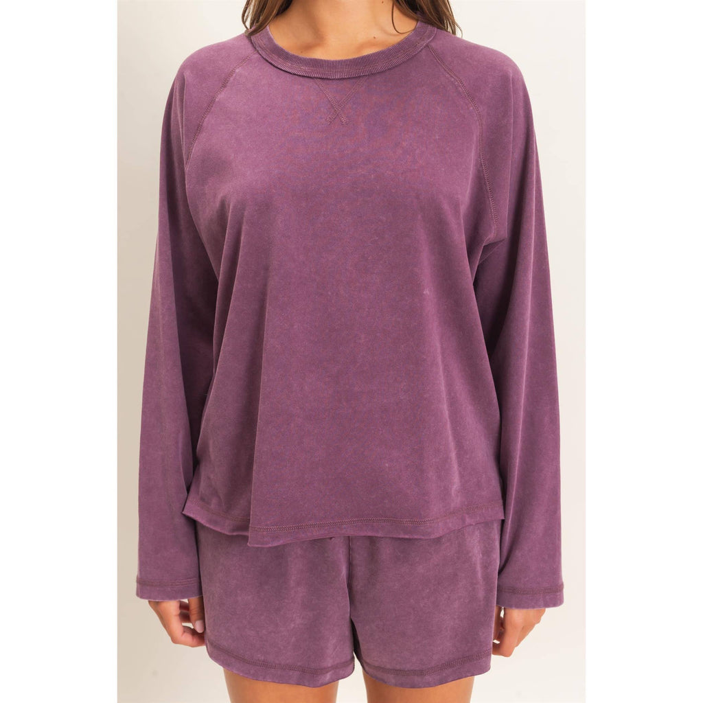 Mineral Wash Long Sleeve Raw Edge Top & Shorts Set: DARK CHERRY