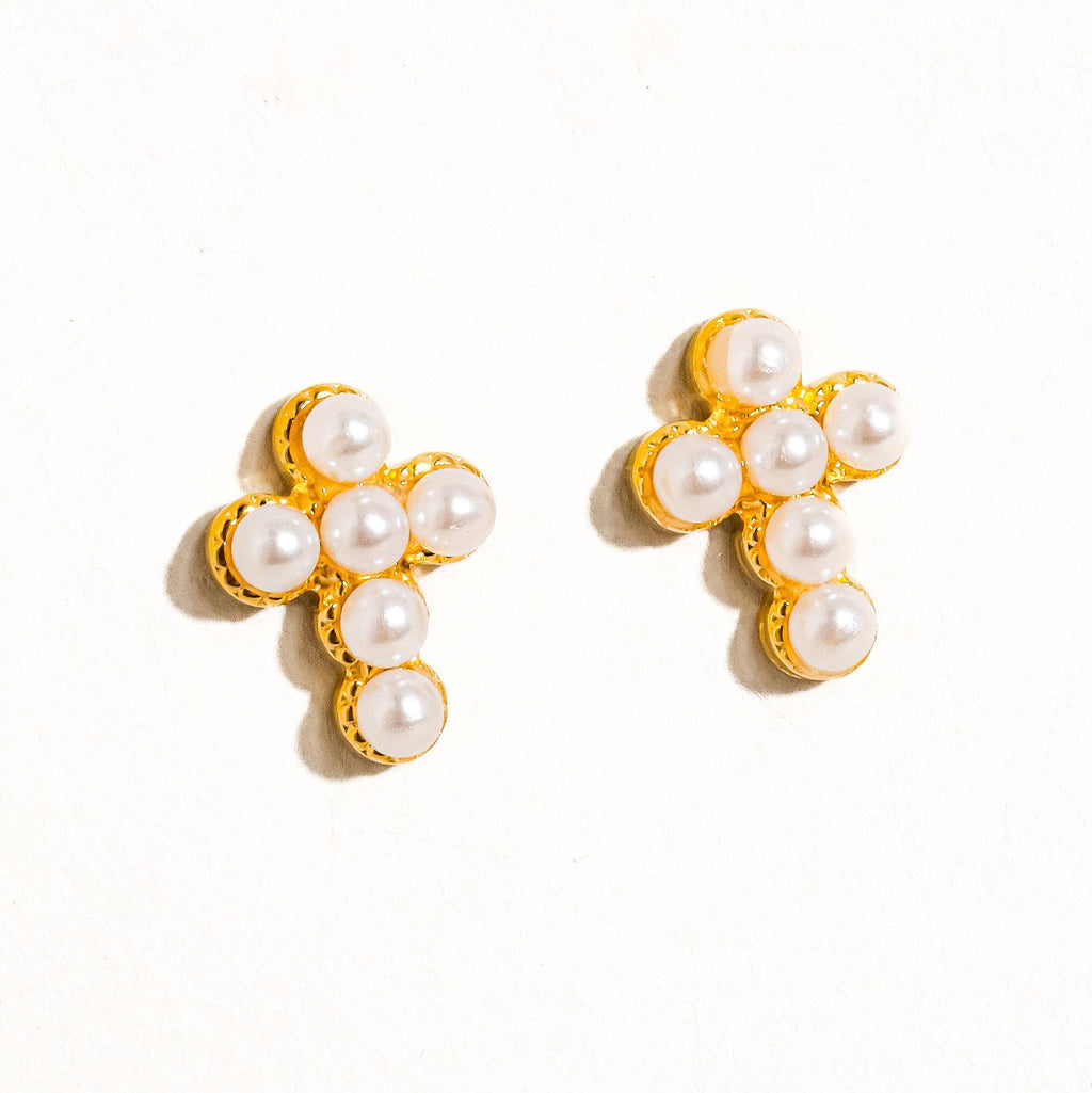 Tiny Pearl Cross Stud Earrings - E52