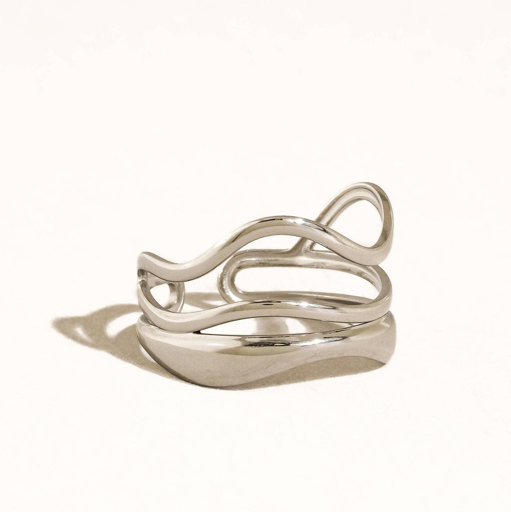 Silver Wave Layered Adjustable Ring - A145