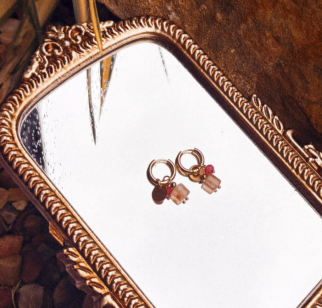 Rose Quartz Charm Huggies Hoop Earrings - E24