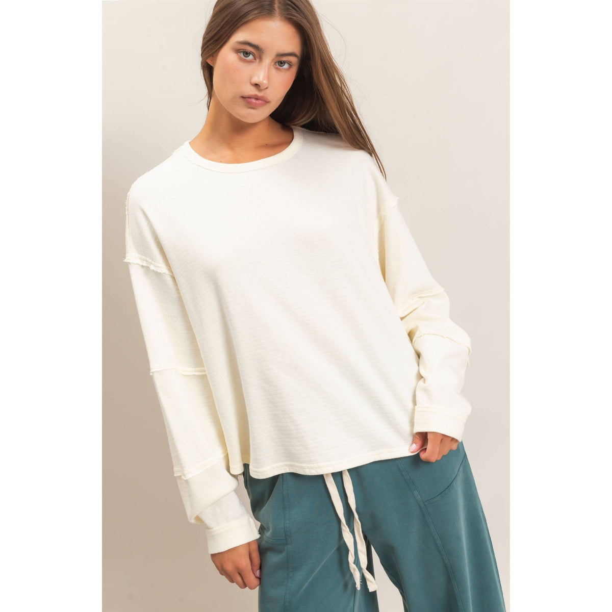 Mineral Wash Oversised Raw Edge Crew Neck Top: BLACK