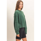Mineral Wash Oversised Raw Edge Crew Neck Top: BLACK
