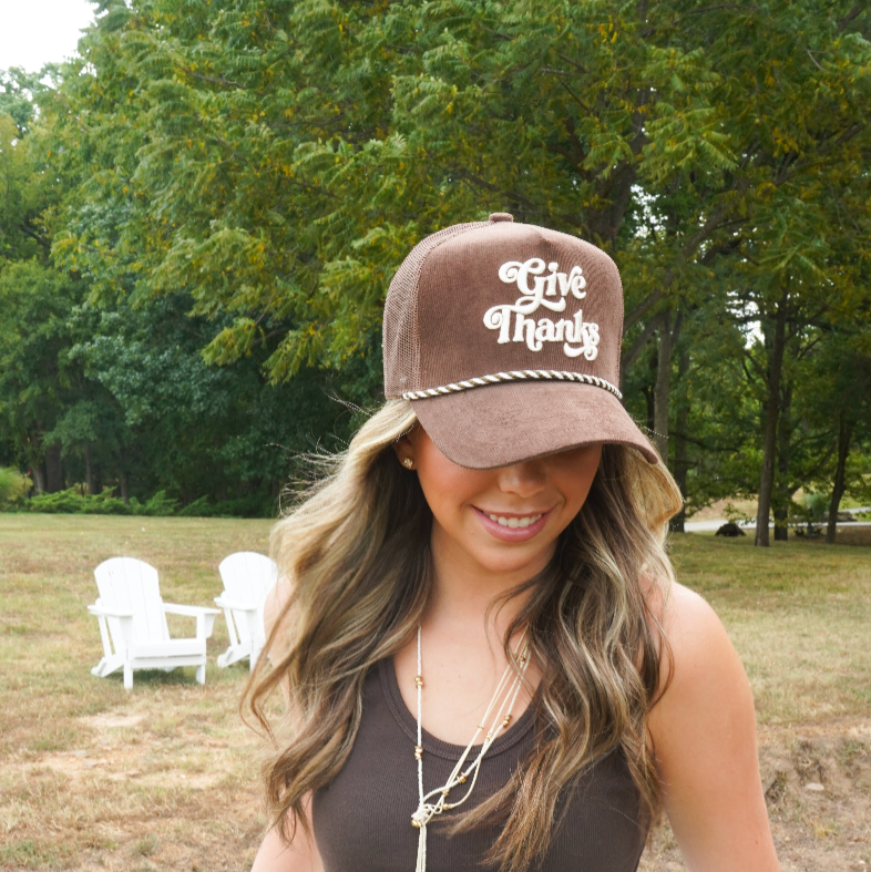 Give Thanks - Brown Corduroy Trucker Hat