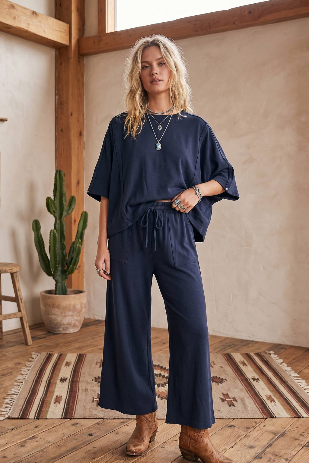 Brushed Stretch Boxy Top & Wide Leg Pant Set: BURGUNDY