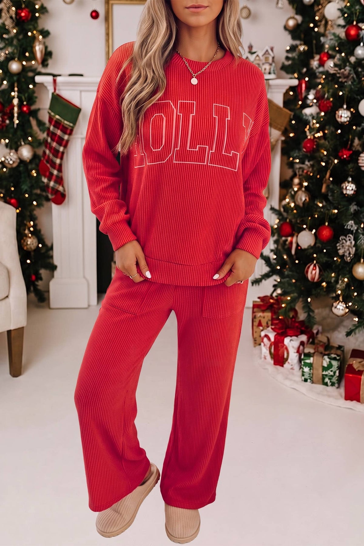 JOLLY Christmas Graphic Corded Pants Set
