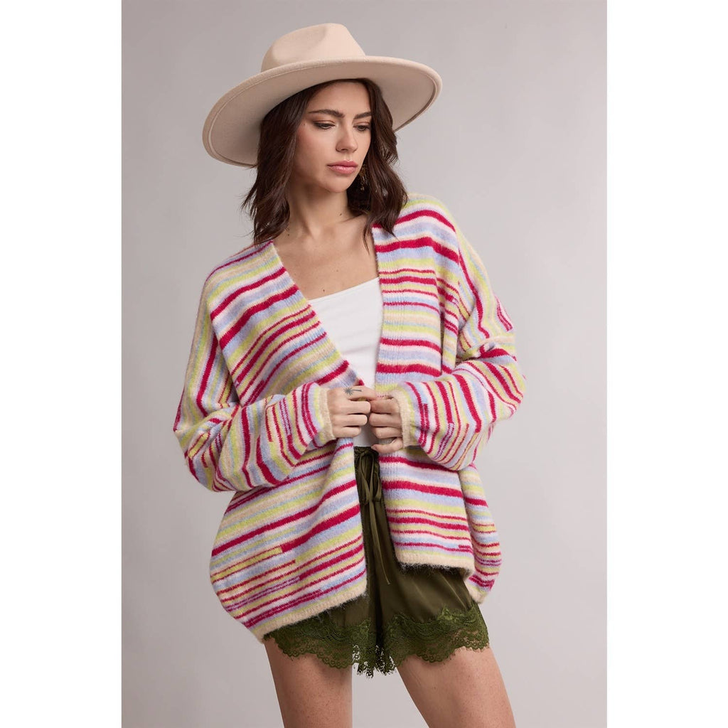 STRIPED OPEN FRONT CARDIGAN / WL26-13528: MOCHA MULTI
