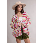 STRIPED OPEN FRONT CARDIGAN / WL26-13528: MOCHA MULTI
