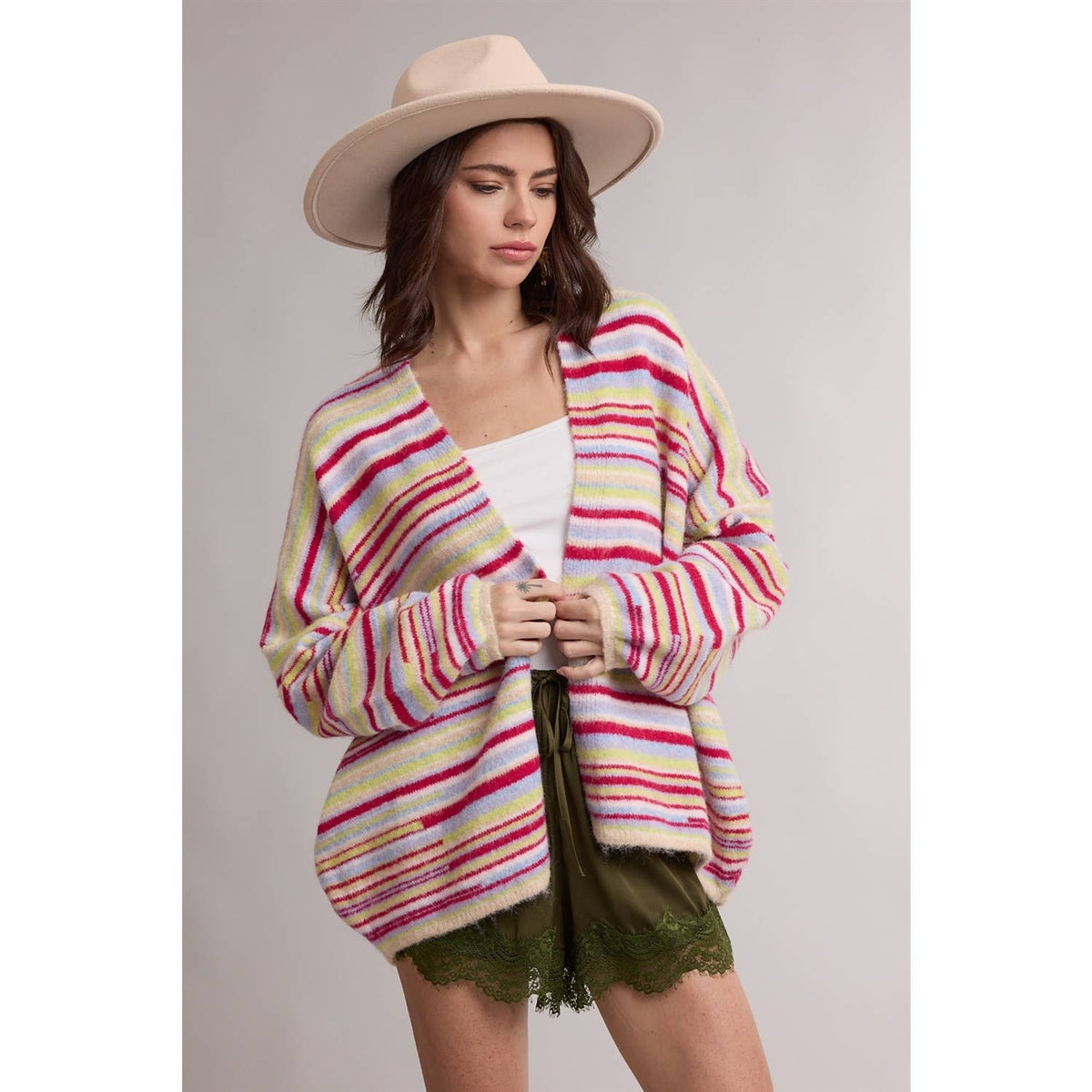 STRIPED OPEN FRONT CARDIGAN / WL26-13528: MOCHA MULTI