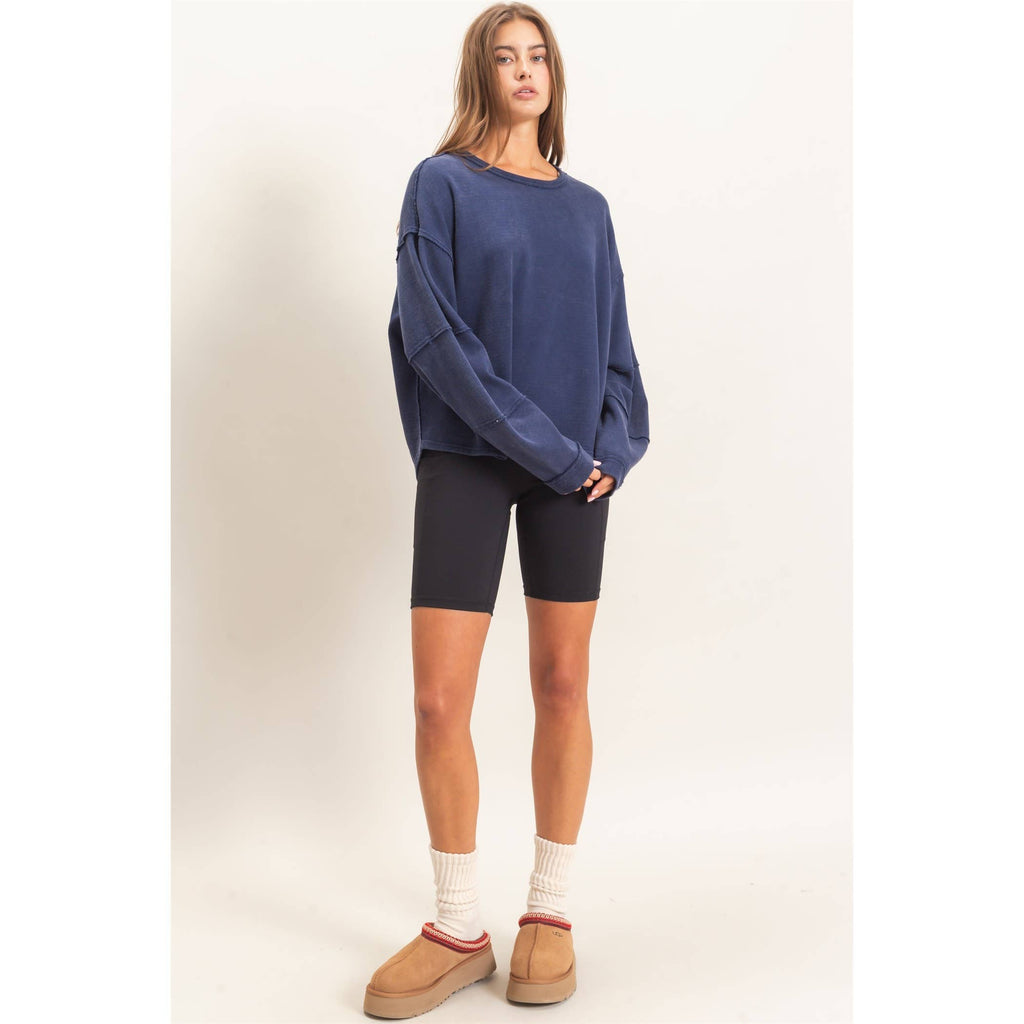 Mineral Wash Oversised Raw Edge Crew Neck Top: BLACK