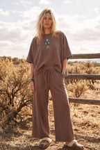 Brushed Stretch Boxy Top & Wide Leg Pant Set: BURGUNDY