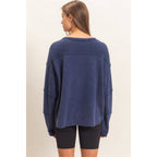 Mineral Wash Oversised Raw Edge Crew Neck Top: BLACK