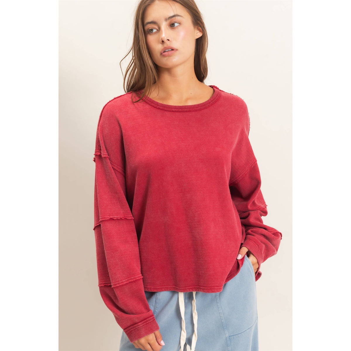 Mineral Wash Oversised Raw Edge Crew Neck Top: BLACK