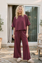 Brushed Stretch Boxy Top & Wide Leg Pant Set: BURGUNDY