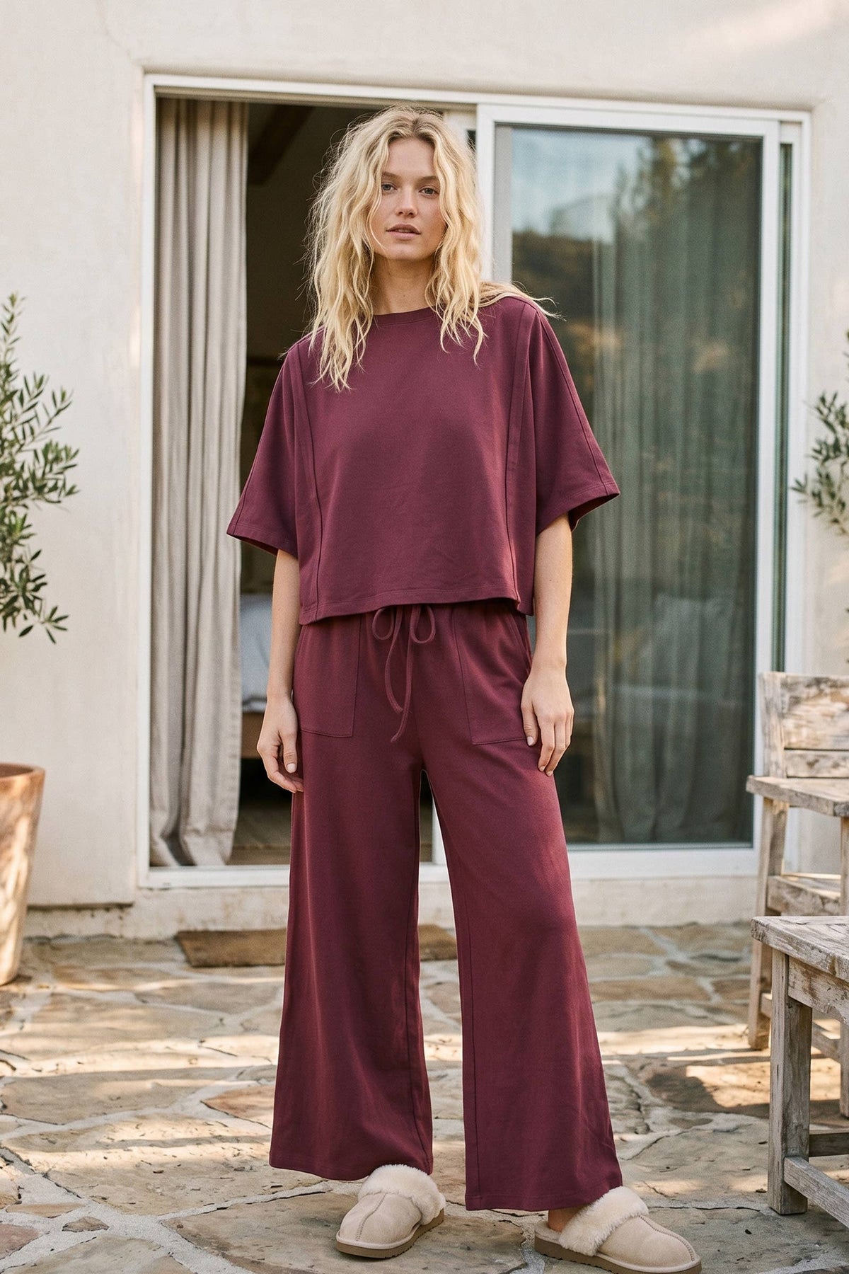 Brushed Stretch Boxy Top & Wide Leg Pant Set: BURGUNDY