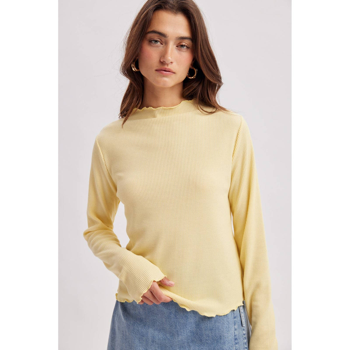 WAFFLE KNIT MOCK NECK LONG SLEEVE TOP red
