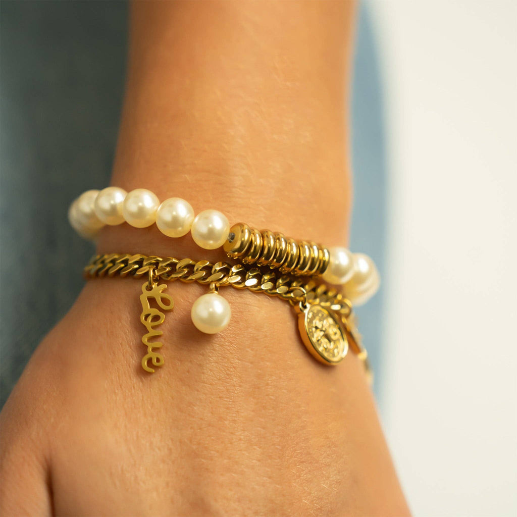 Yellow Gold 8mm Kiska Glass Pearl Stretch Bracelet: S162