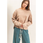 Mineral Wash Oversised Raw Edge Crew Neck Top: BLACK