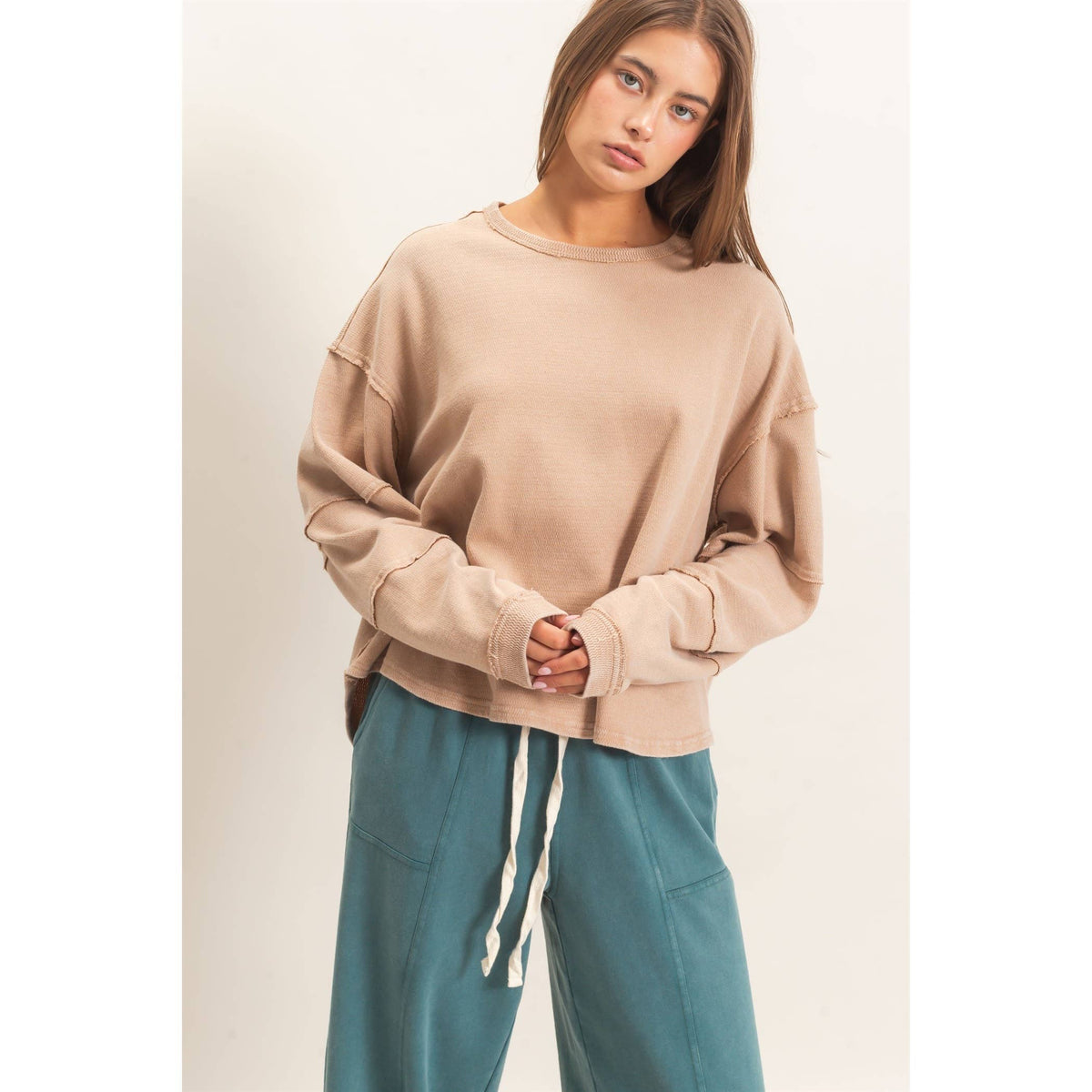 Mineral Wash Oversised Raw Edge Crew Neck Top: BLACK