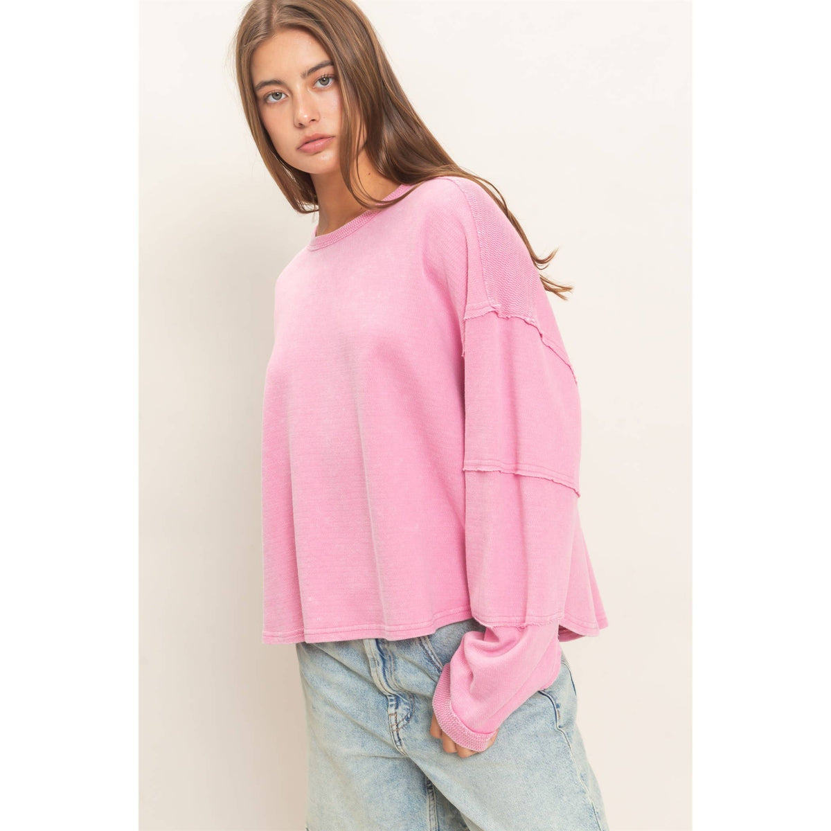Mineral Wash Oversised Raw Edge Crew Neck Top: BLACK