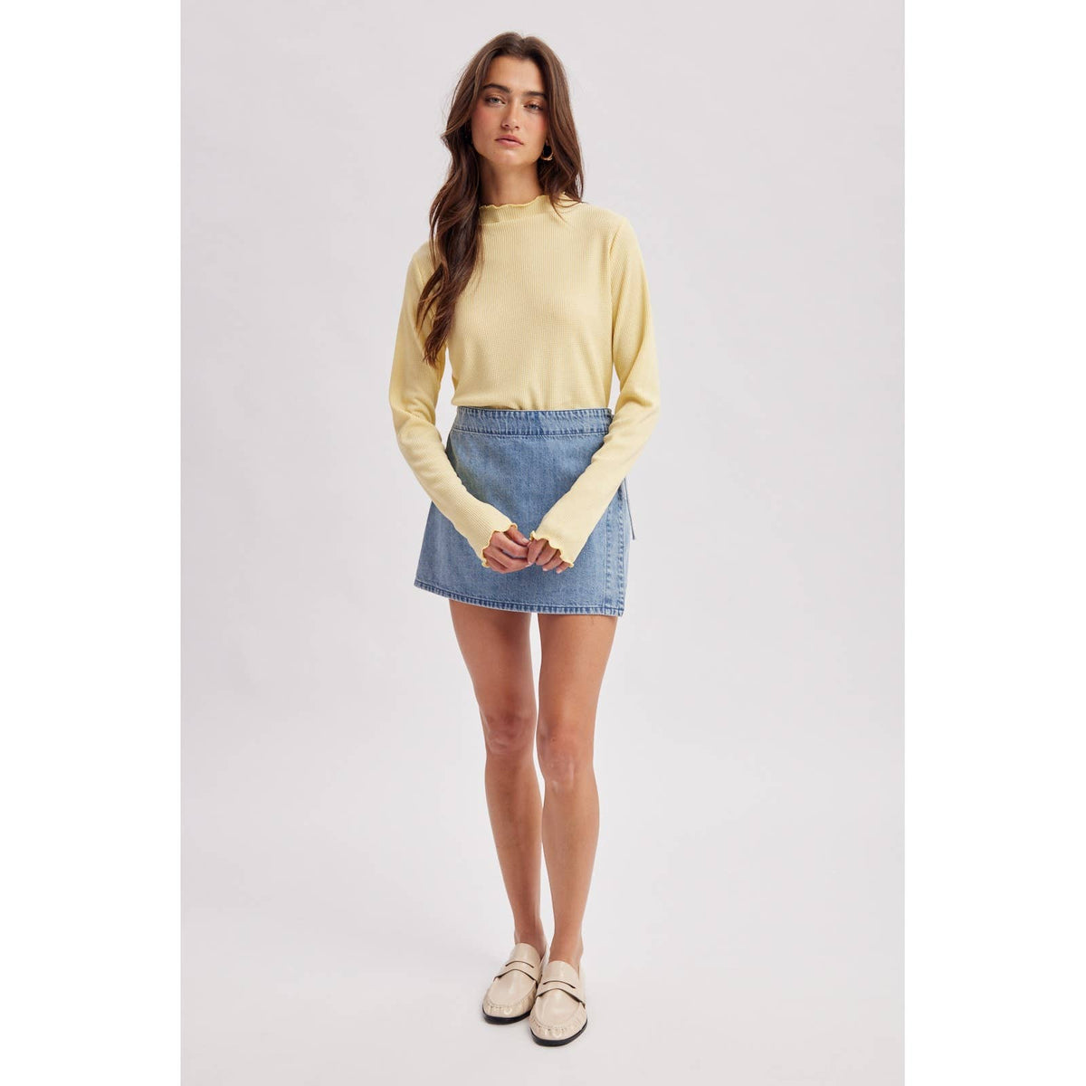 WAFFLE KNIT MOCK NECK LONG SLEEVE TOP red