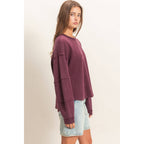 Mineral Wash Oversised Raw Edge Crew Neck Top: BLACK