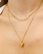 Paperclip Layered Chain Heart Charm Necklace - N108