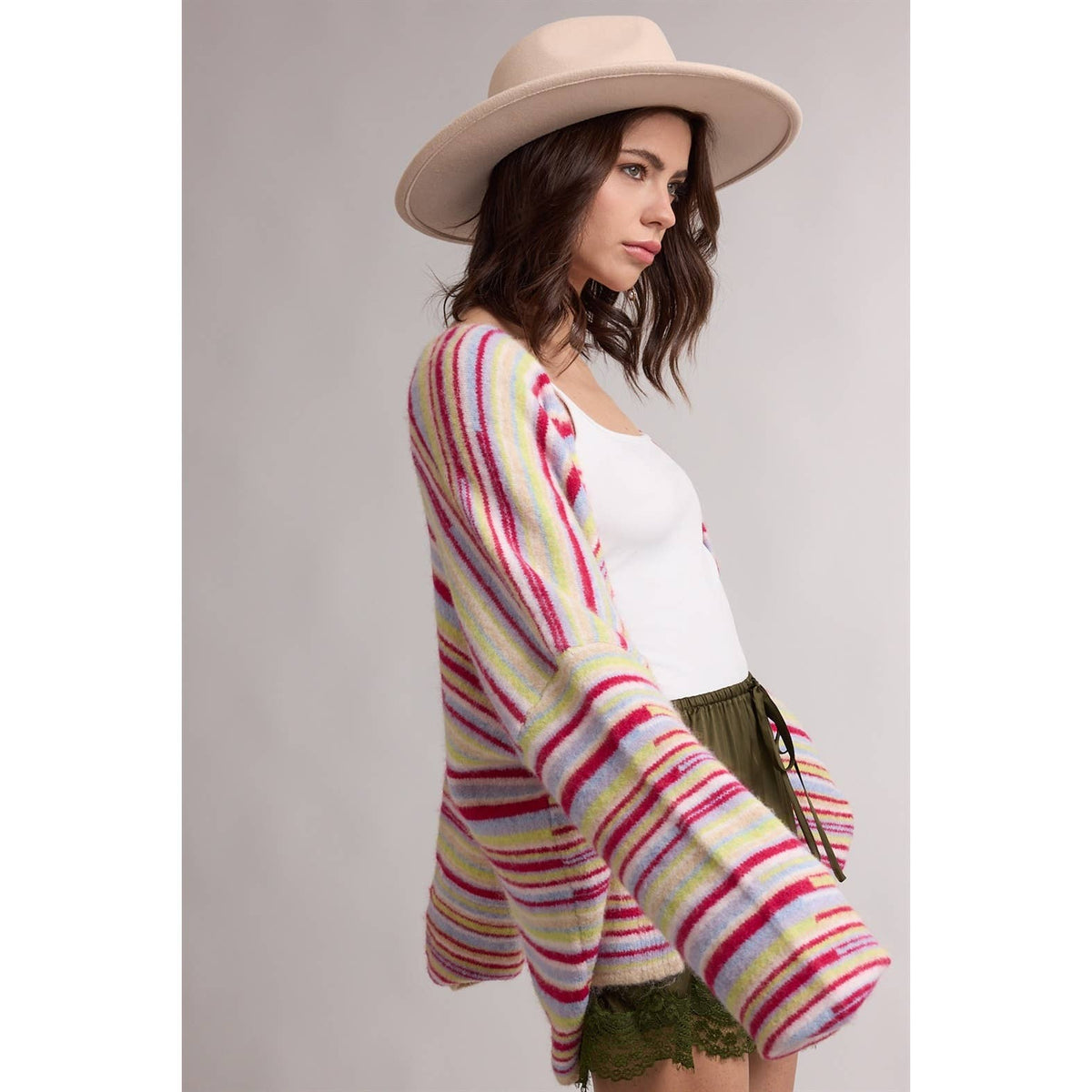 STRIPED OPEN FRONT CARDIGAN / WL26-13528: MOCHA MULTI