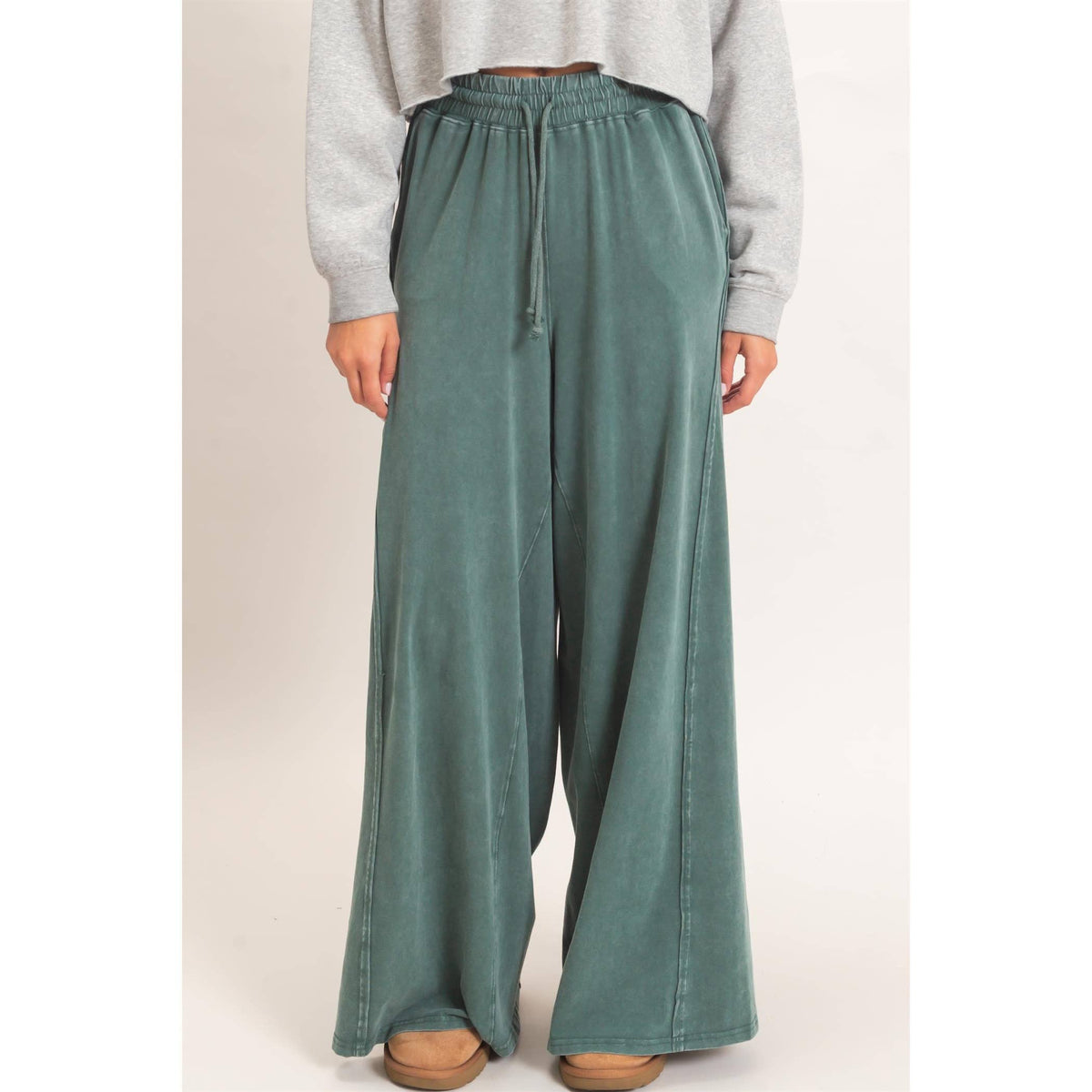 Wide Leg Mineral Wash Pants: BLACK