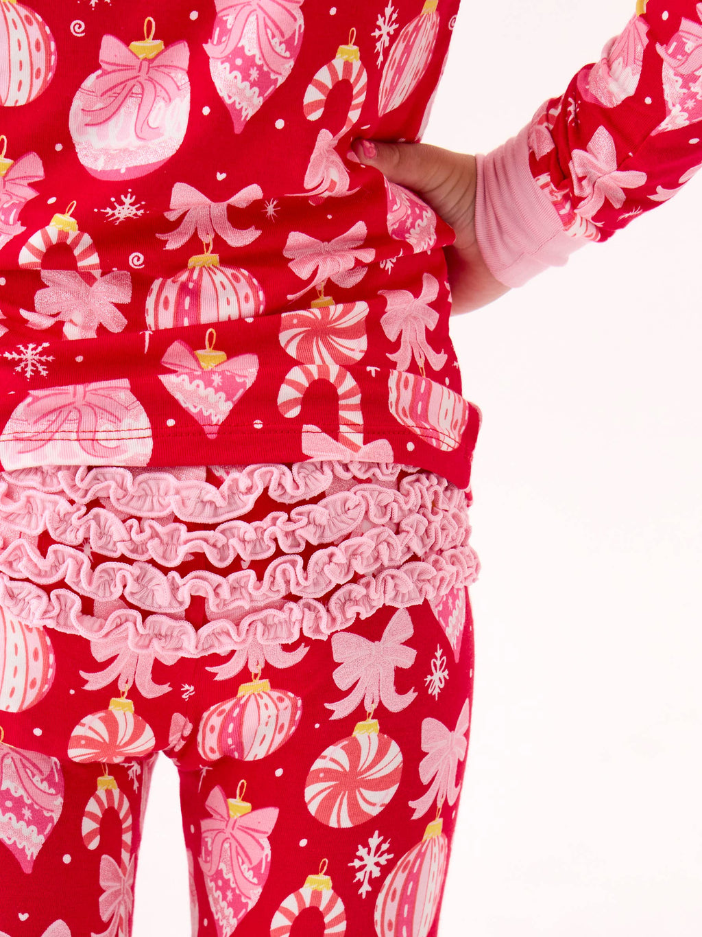 SoftSnooze™ Toddler Girls Bamboo Viscose Red Holly Christmas Ornament Bows Ruffle Long Sleeve Pajama Set with Signature Rear Ruffles: Red / 2T