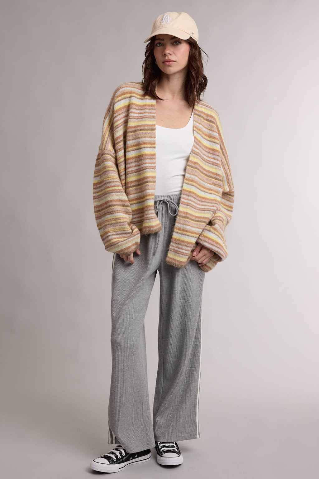 STRIPED OPEN FRONT CARDIGAN / WL26-13528: MOCHA MULTI
