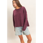 Mineral Wash Oversised Raw Edge Crew Neck Top: BLACK