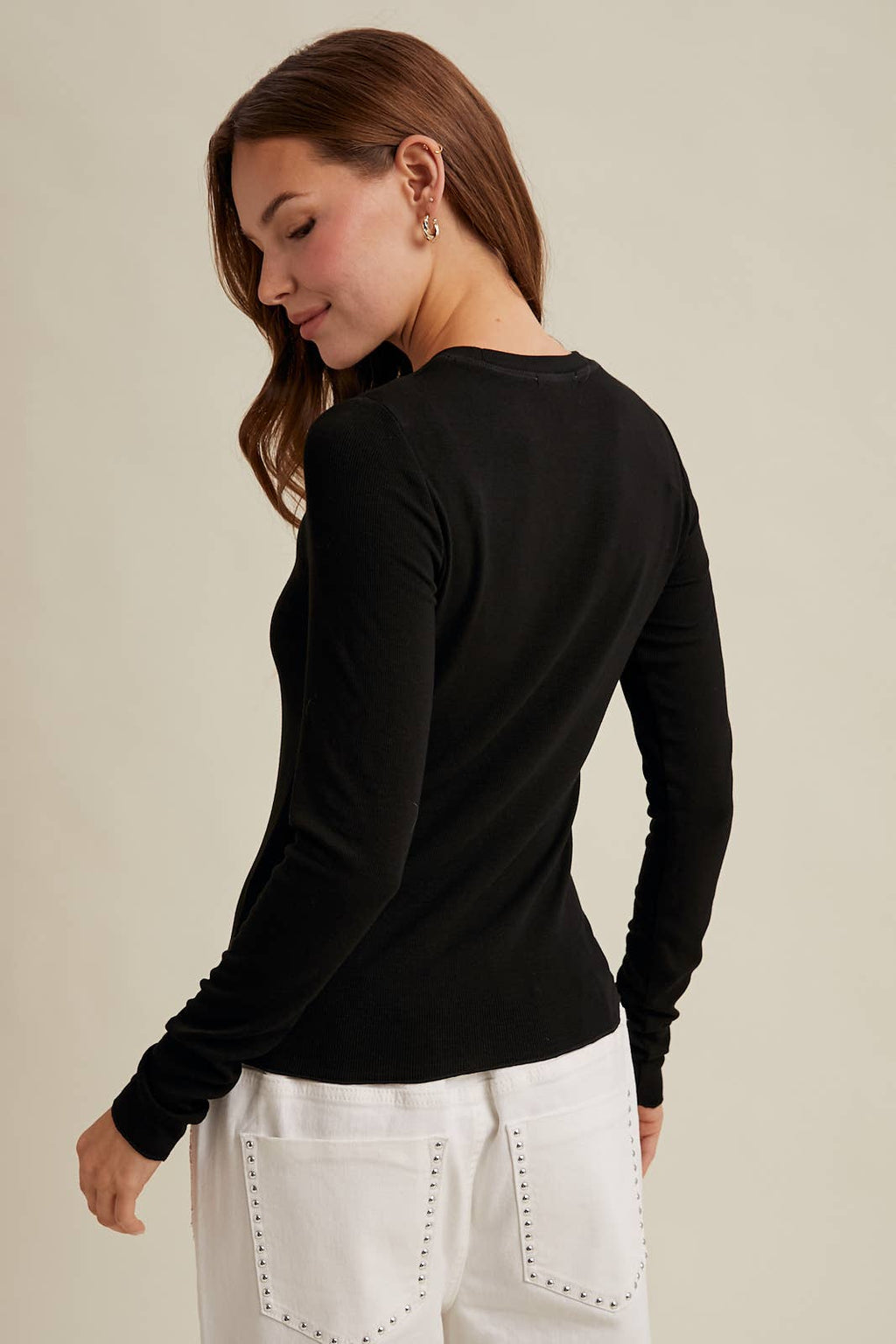 BASIC RIBBED LONG SLEEVE KNIT TOP BLACK