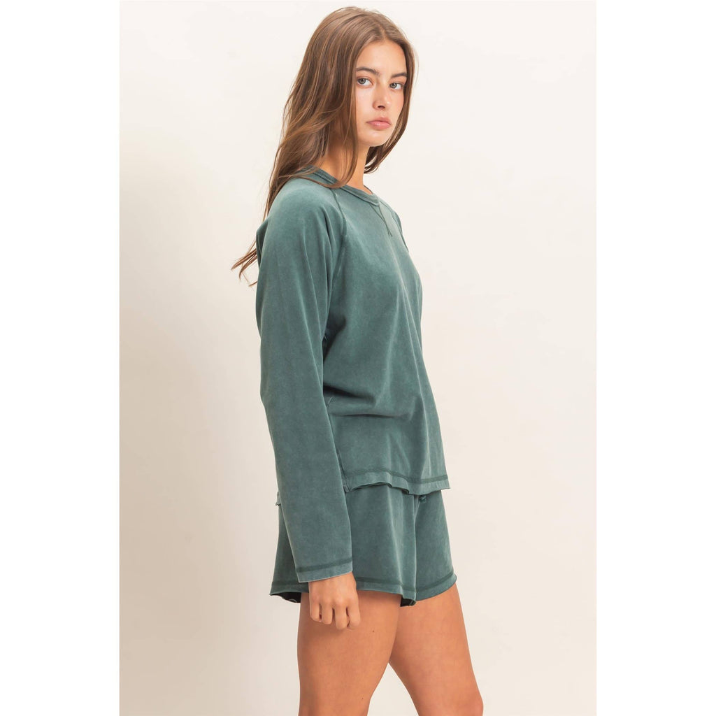 Mineral Wash Long Sleeve Raw Edge Top & Shorts Set: DARK GREEN